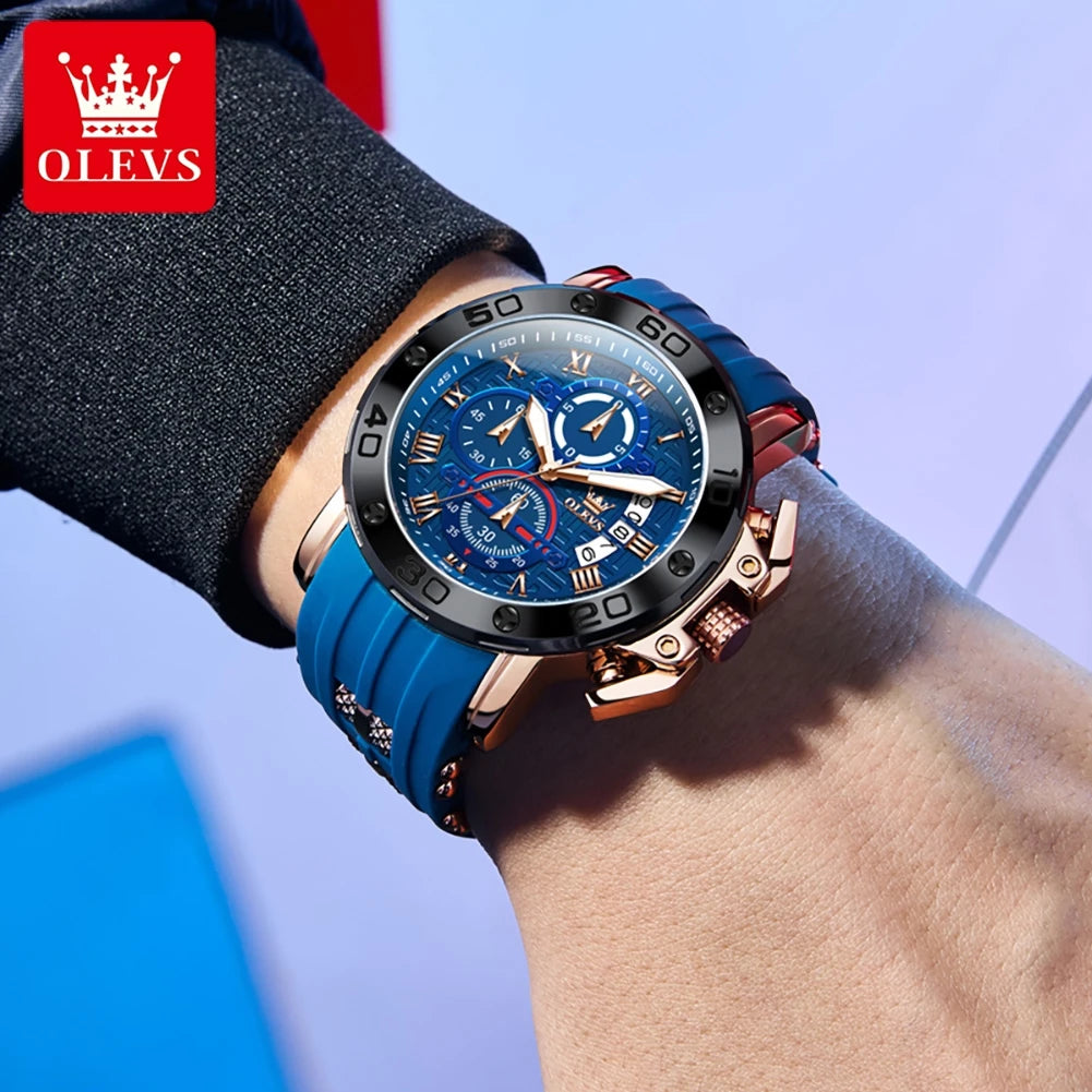 OLEVS 51mm Large Dial Quartz Watch for Men Silicone Strap Waterproof Luminous Auto Date Chrono Roman Numeral Scale Men's Watches