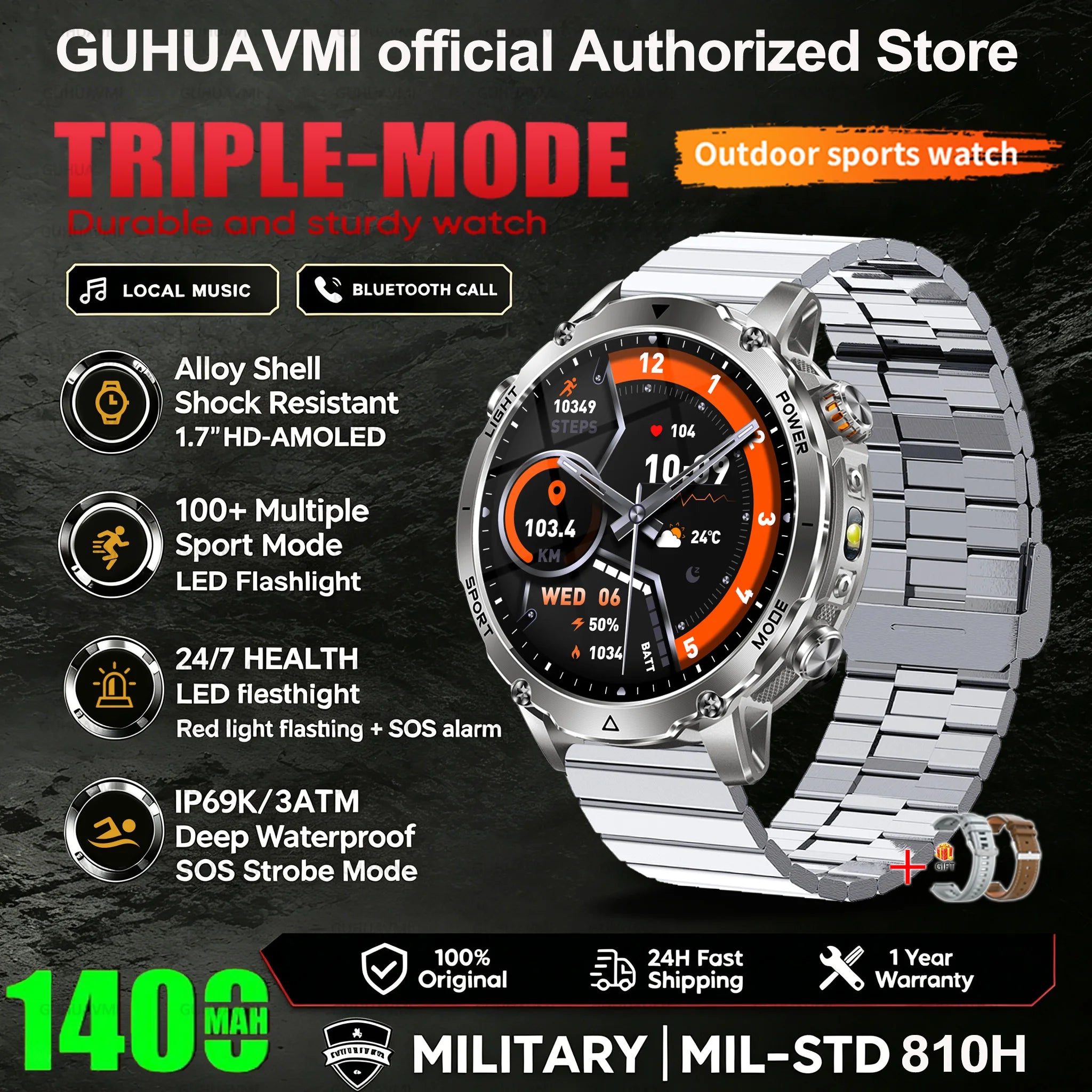 2026 New Smart Watch Bluetooth Call 1400mAh Large Battery Sport Heart Rate 1.7" Military Outdoor Men Smartwatch For Android IOS
