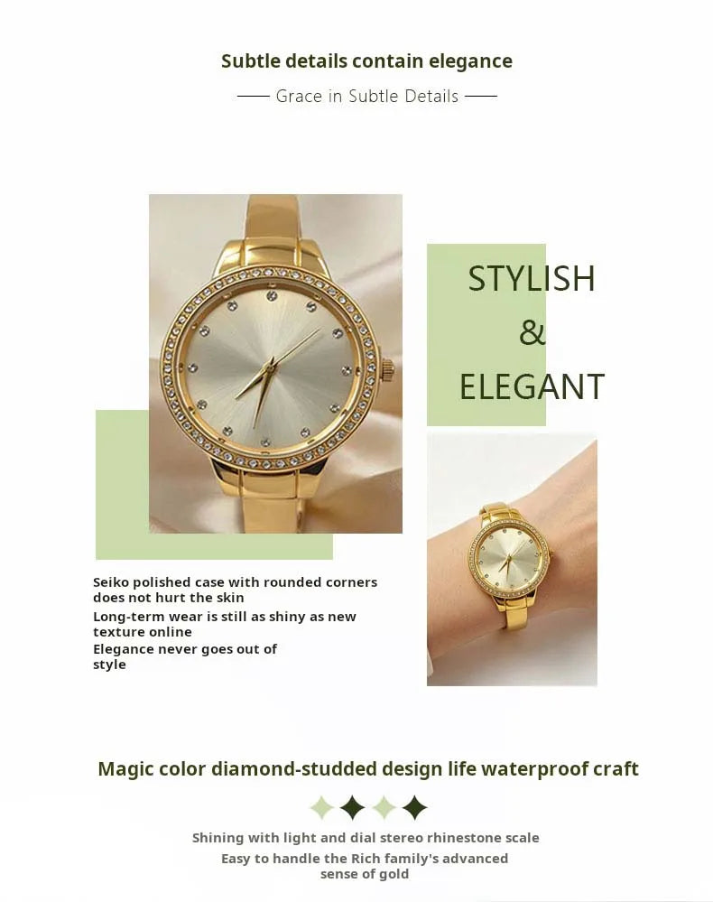 Fashionable Women's Watch Diamond-Set Round Classic Bangle Watch with Rhinestone Markers—Simple Elegant Luxe-Style Quartz Watch