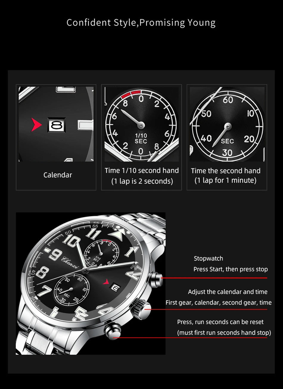 Fashion Luxury Business Men's Wristwatch Round Dial Luminous Waterproof Calendar Chronograph Man Watch