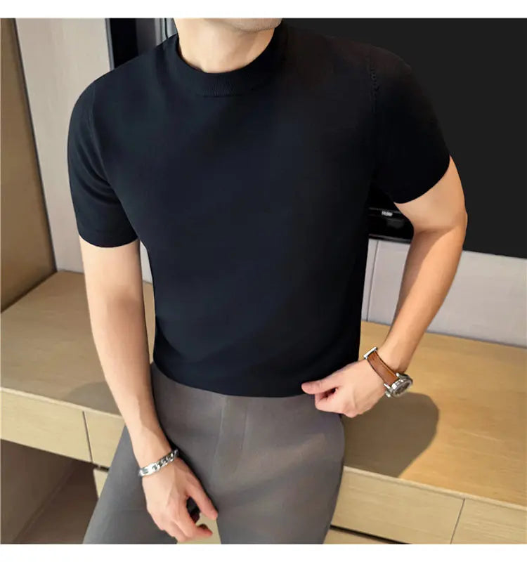 High-quality Men's Short-sleeve Knitted Sweater T-shirt O-Neck Solid Color Men Pullover T Shirts Slim Fit Stretch Undershirt Top