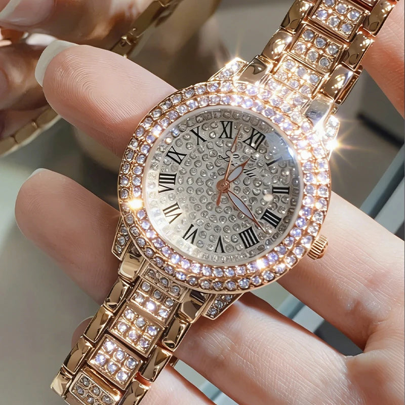 Fashion Luxury Rhinestone Watch Women Sparkling Quartz Timepiece with Stainless Steel Strap Wristwatch Roman Scale Quartz Watch
