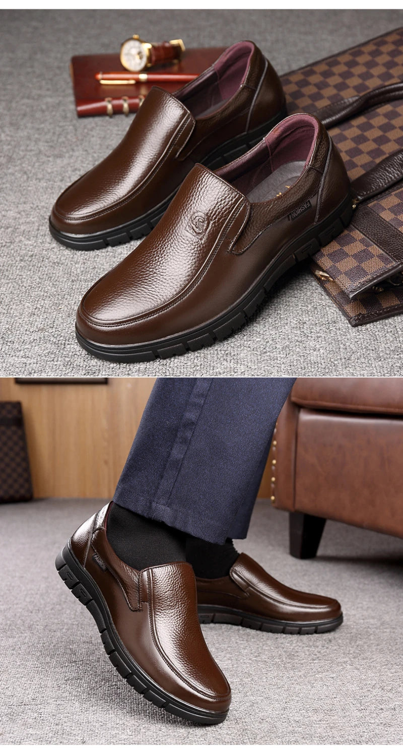 Mens Black Genuine Leather Slip On Loafers Soft Cushioned Sole Comfortable Business Casual Shoes For Middle Aged Dad Daily