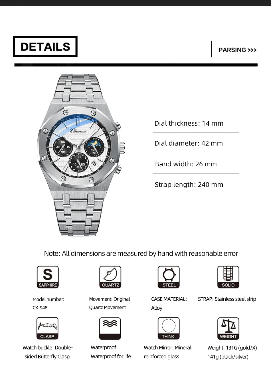 CHENXI  Multifunctional Men's Watches Luxury Brand Calendar Luminous  Waterproof Men Wristwatch High Quality Quartz male Watch