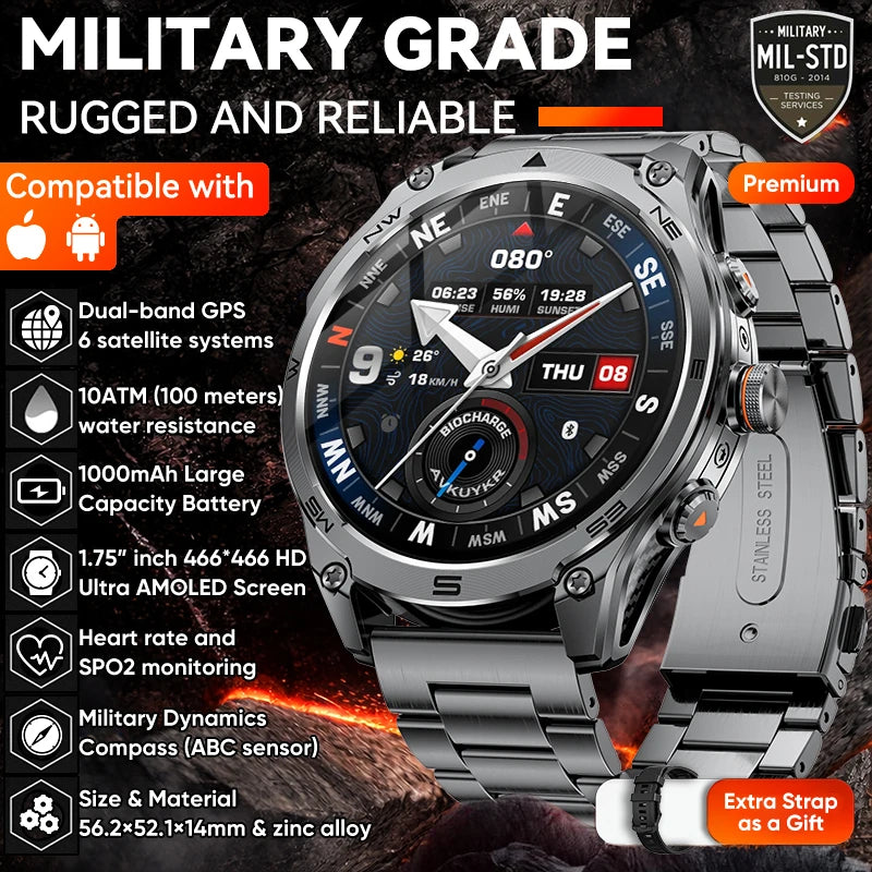 2026New Military Grade 1000mAh Battery GPS Smart Watch 10ATM Waterproof Compass Altimeter Call AMOLED Men Swim Sports Smartwatch