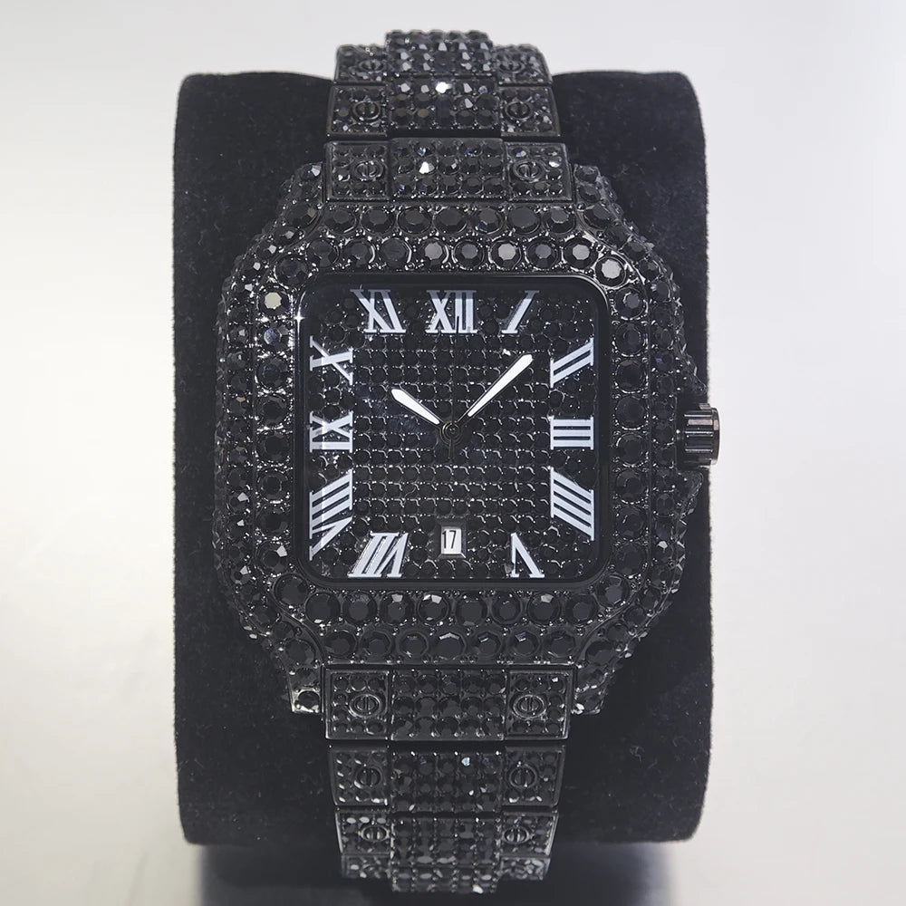 UNIGUET Cool Men's Watch Luxury Stainless Steel Quartz Watch Hip Hop Black Diamond Square Design Fashion Iced Wristwatch for Men