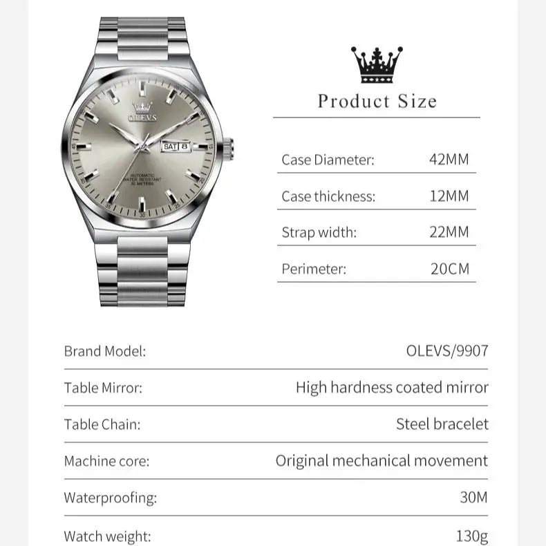 OLEVS 9907 NEW Business Watch for Men Fully Automatic Mechanical Movement Classic Date Week High-end Luxury Wrist watch for Men