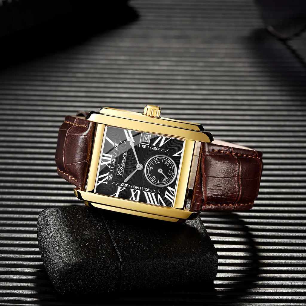 2025 New Business Men's Watch Fashion Square Roman Numeral Dial Waterproof Brown Leather Male Casual Fashion Date Quartz Watches