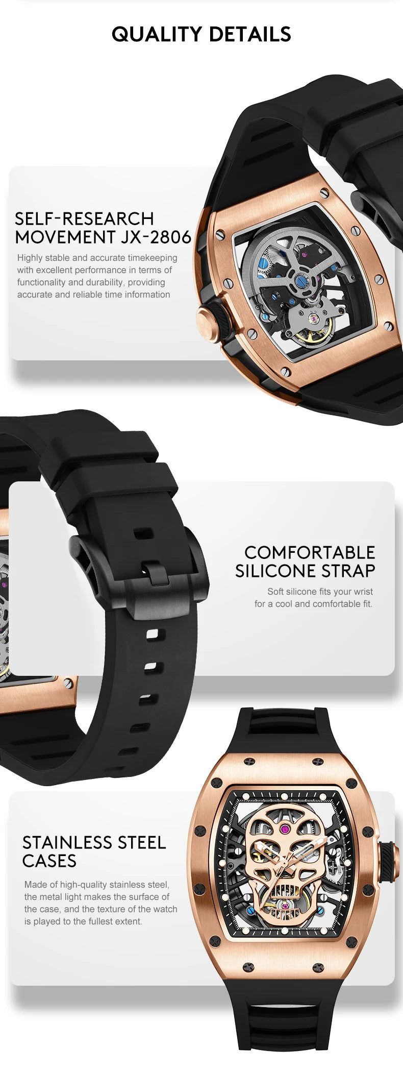 Unique Men Watch Tonneau Casual Wristwatch Soft Silicon Band Fashion Men's Wrist Watches Hollow Out Analog Automatic Watches
