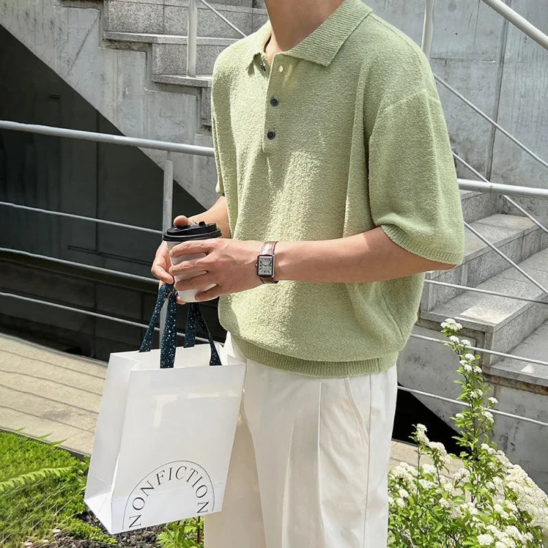 Men's Summer Simplicity Vintage Knitted Polo Shirt, Loose Casual Half Sleeves, Korean Fashion Lapel T-shirt, Short Sleeve
