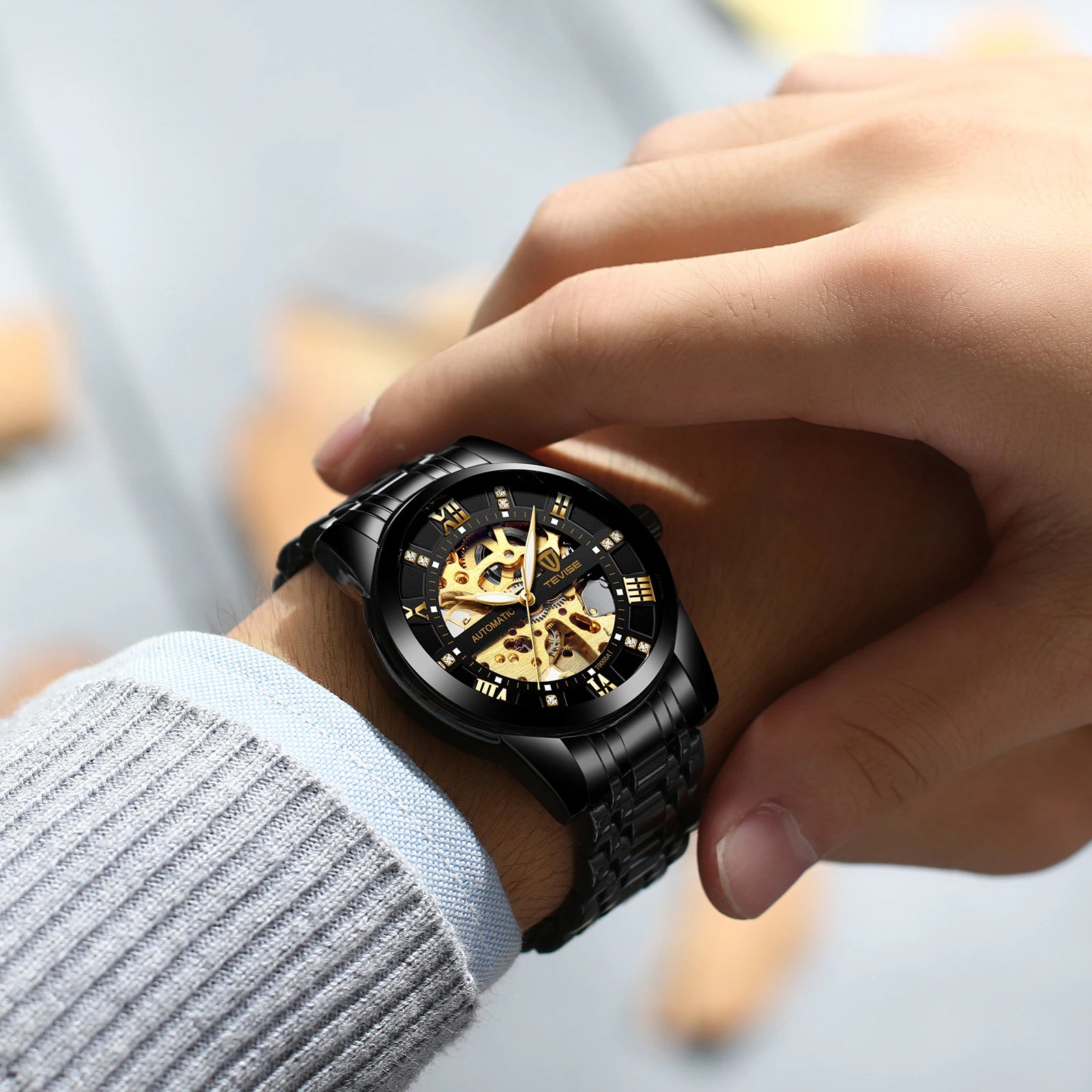 TEVISE  Men Automatic Mechanical Wrist Watch Luxury Brand Stainless Steel Mens Watch Fashion Skeleton Watches
