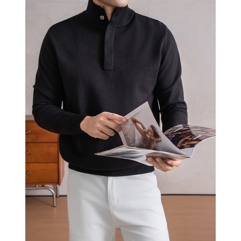 Old Money Style Men's Semi-High Neck Henley Sweater 4.6% Wool Blend Anti-Pilling Knit  Korean Casual Daily Wear