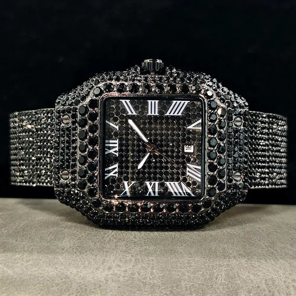 Cool Black Ice Watch For Men Brand UNIGUET Luxury Stainless Steel Quartz Timepiece Man Hip Hop Diamond Square Wristwatch New