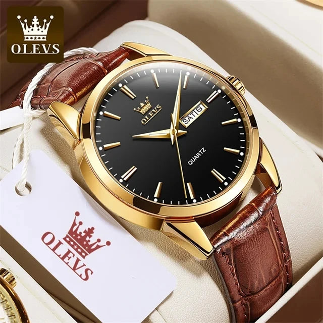 OLEVS  6898 Top Brand Quartz Watch for Men Leather Strap Waterproof Wristwatch Date Week Display Popular Casual Dress Men Watch