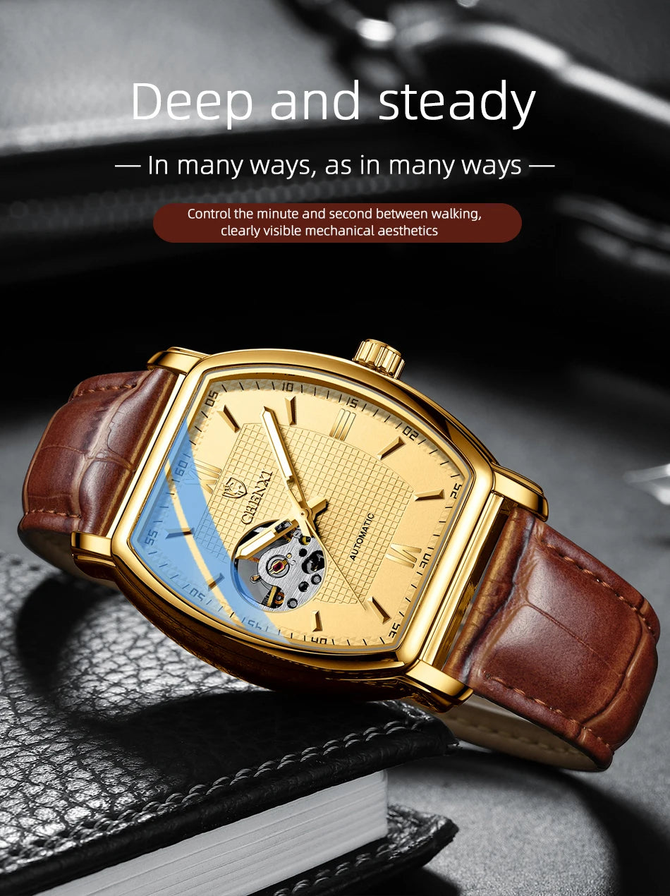 Automatic Mechanical Skeleton Man Watch Fashion Luxury CHENXI Watches For Men Business Leather Waterproof Tonneau Wristwatch