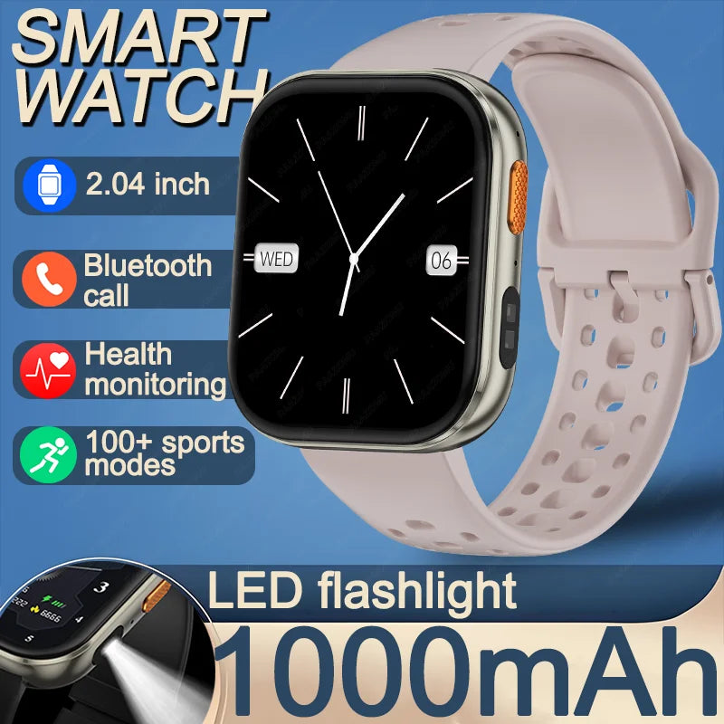 New 1000mAh Large Battery Smartwatch Men Women | 2.04"HD Screen BluetoothCall Heart Rate Monitor Flashlight Sports Fitness Watch