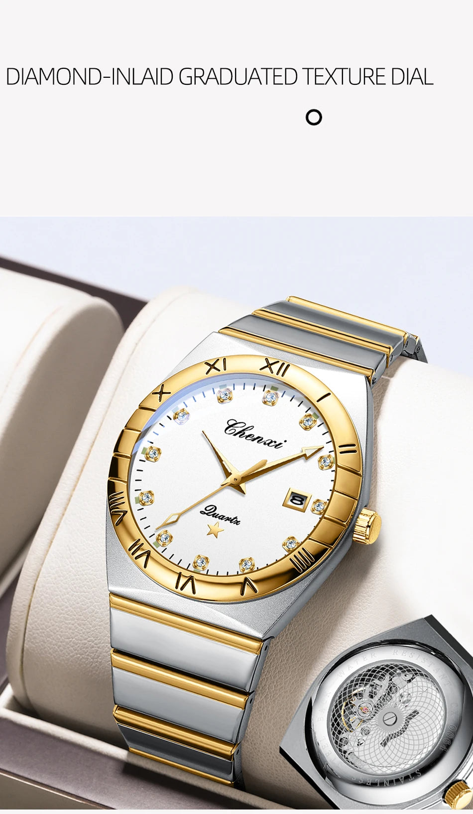 CHENXI Watches For Men Sweep Second Movement See-through Quartz, Waterproof Mens Watch Stainless Steel Golden Wristwatches