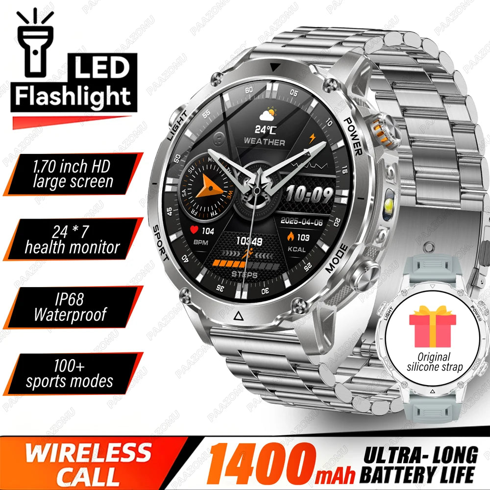Brand+ Military 1400mAh Battery Smart Watch Men Outdoor Flashlight 10ATM Waterproof Heart Rate Bluetooth Call Sports Bracelets