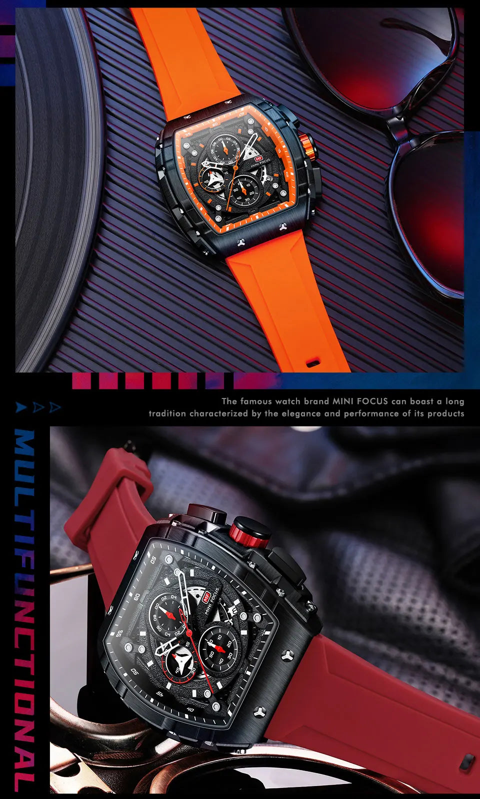 MINI FOCUS Chronograph Quartz Watches for Men Military Sport Silicone Strap Waterproof Wristwatch with Tonneau Dial Auto Date