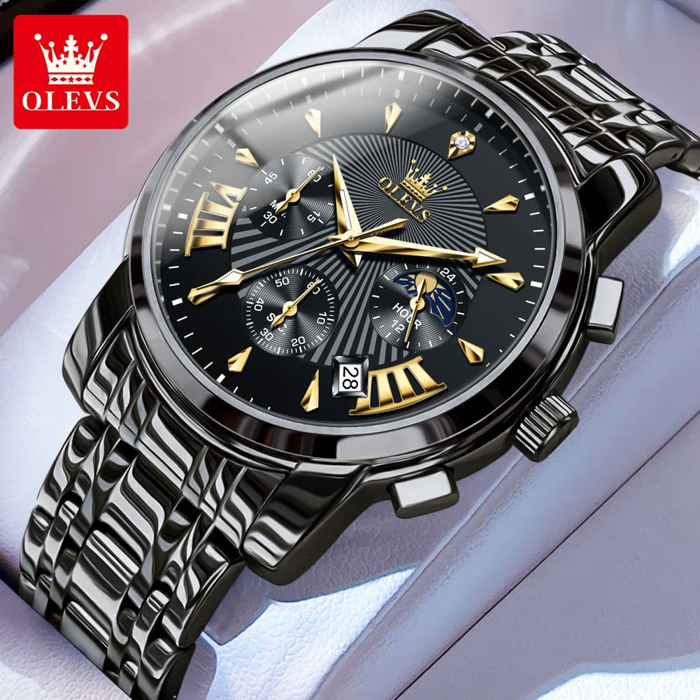 OLEVS 2892 Men Watch Original Quartz Watch Luxury Waterproof Luminous Calendar Moon Phase Chronograph Business Sports Men Watch