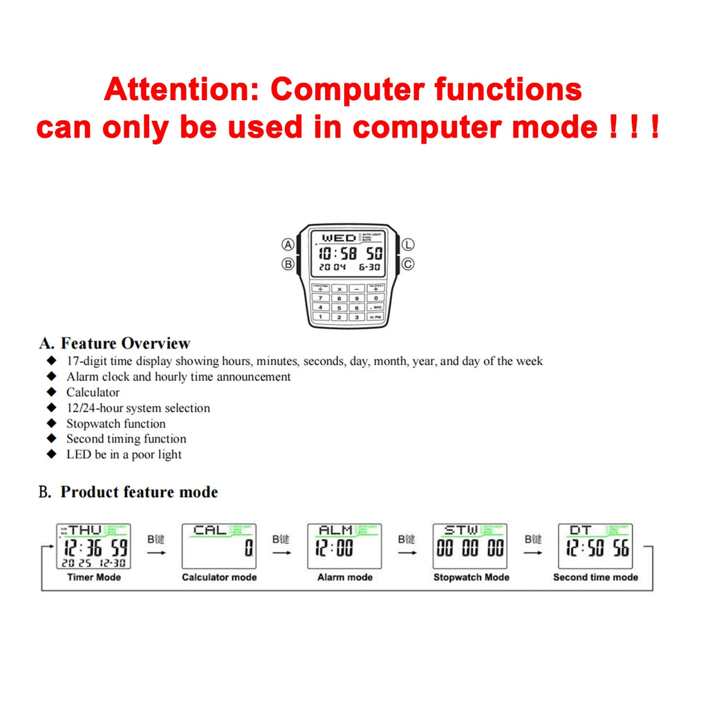 Men's Top Luxury LED Multifunction Calculator Watch Luminous Electronic Numeric Watch Keyboard Style