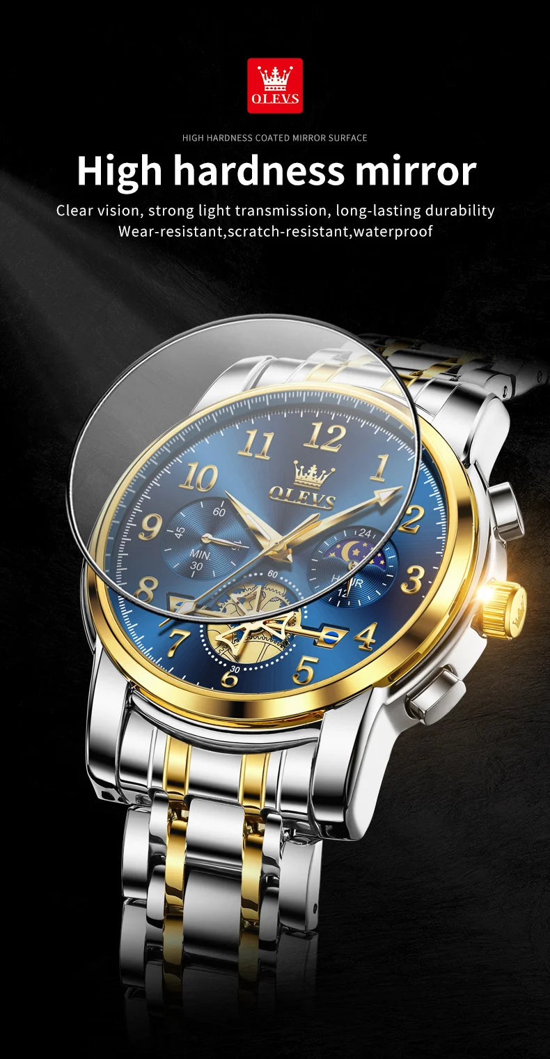 OLEVS 2900 Mens Watch Original Stainless Steel Watches For Men Calendar Moon Phase Quartz Watch Chronograph Freebie Reloj
