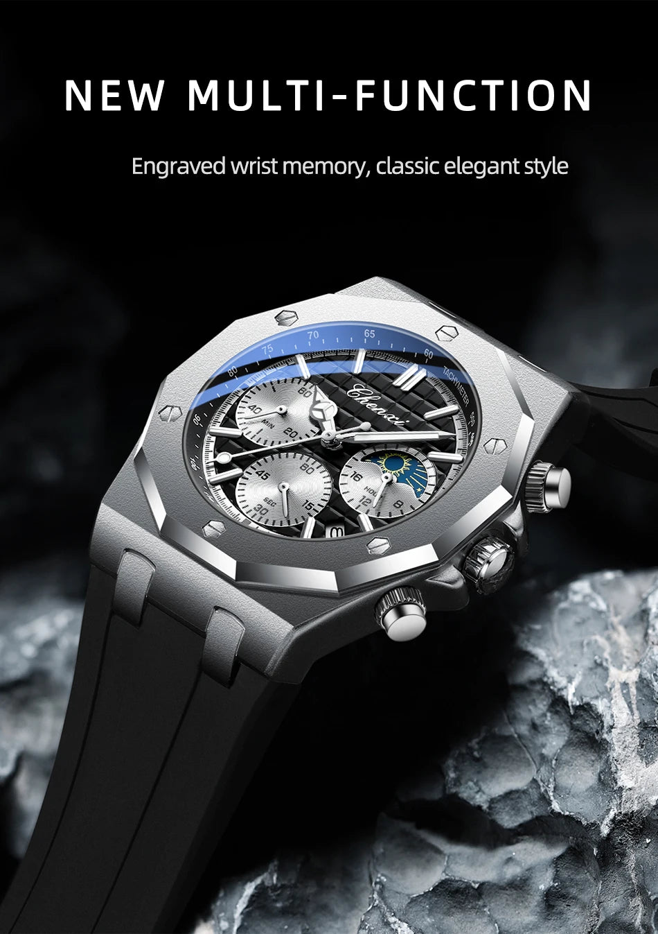 CHENXI Sports Multi-functional Silicone Man Watch Calendar Waterproof Quartz Men Watches Chronograph Moon Phase Men's Wristwatch
