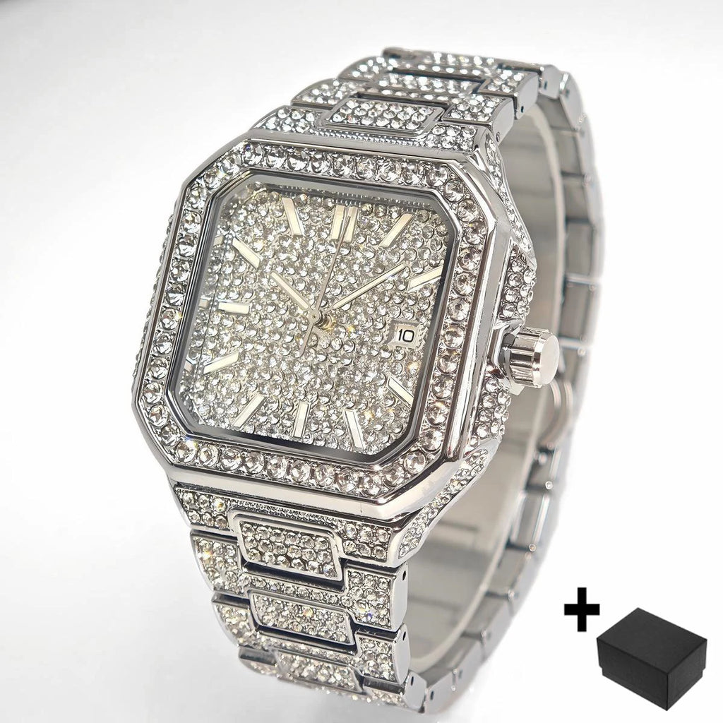 2025 New Black Iced Watch For Men Brand UNIGUET Fashion Waterproof Quartz Watch Man Hip Hop Diamond Jewelry Square Wristwatch