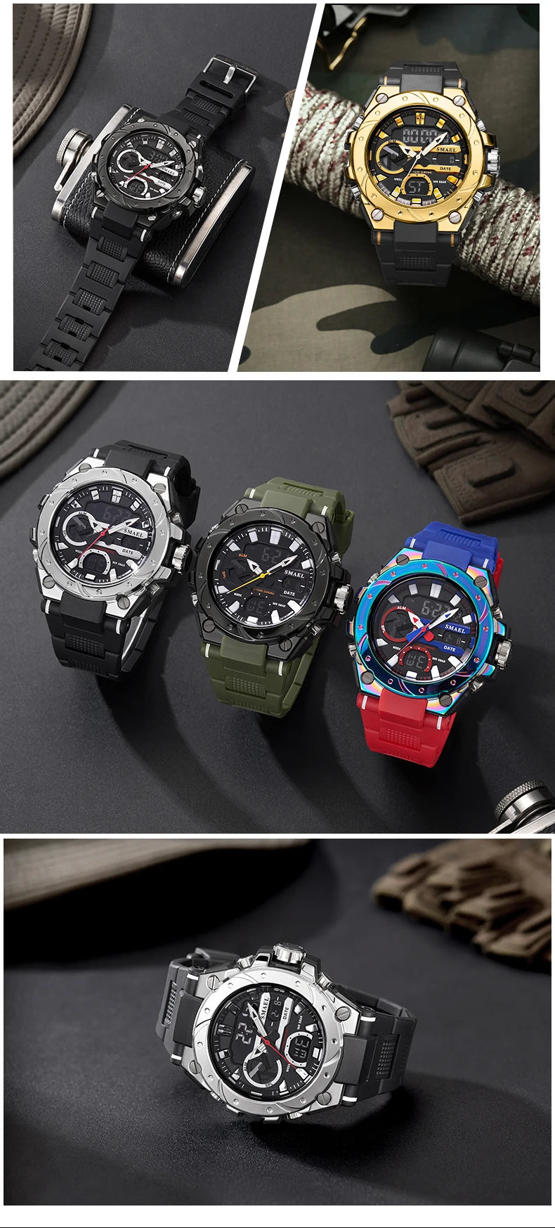 SMAEL Brand Sport Watches 50M Wateproof Dual Time Display Watches LED 8029 Stopwatches Alarm Multifunctional Men's Wristwatches