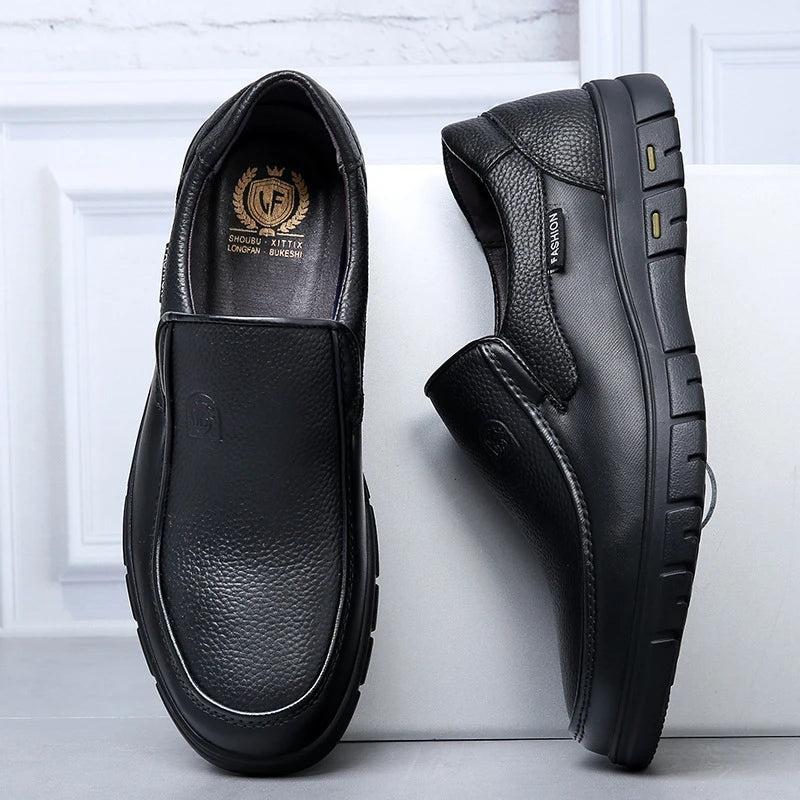 Mens Black Genuine Leather Slip On Loafers Soft Cushioned Sole Comfortable Business Casual Shoes For Middle Aged Dad Daily