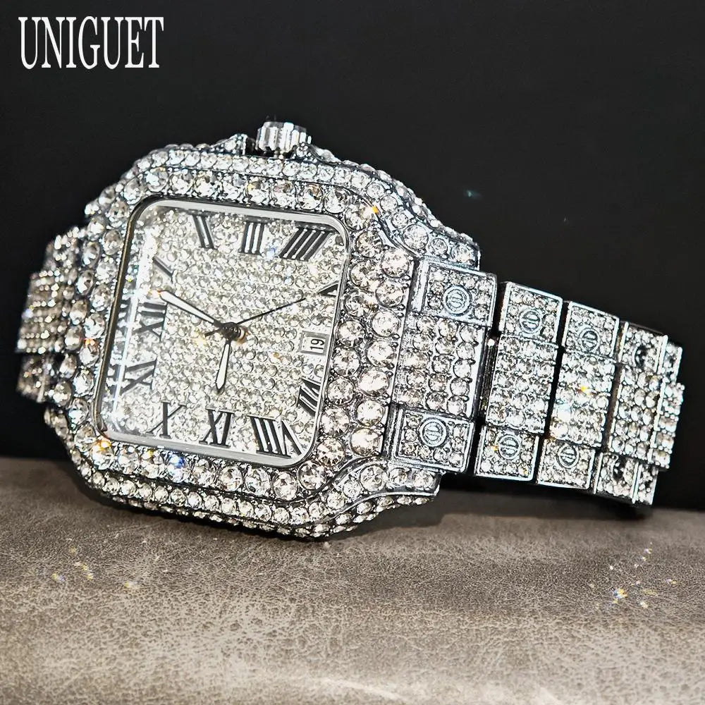 UNIGUET Hot Sale Luxury Iced Watch for Man Fashion Square Watches Men Hip Hop Diamond Bling Jewelry Wristwatch Reloj Hombre