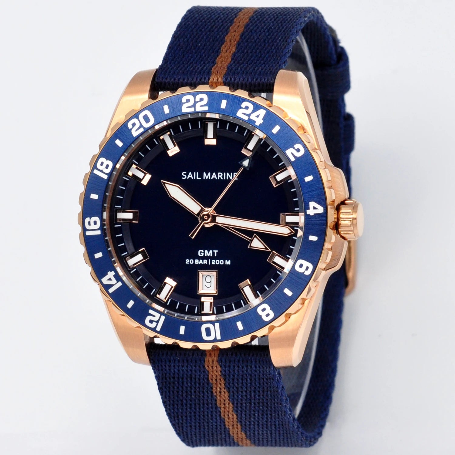 Top Quality Rose Gold Men's Luminous Casual Watch Fabric Strap GMT Quartz Wristwatch Stainless Steel Case 20 Bar Deep Waterproof