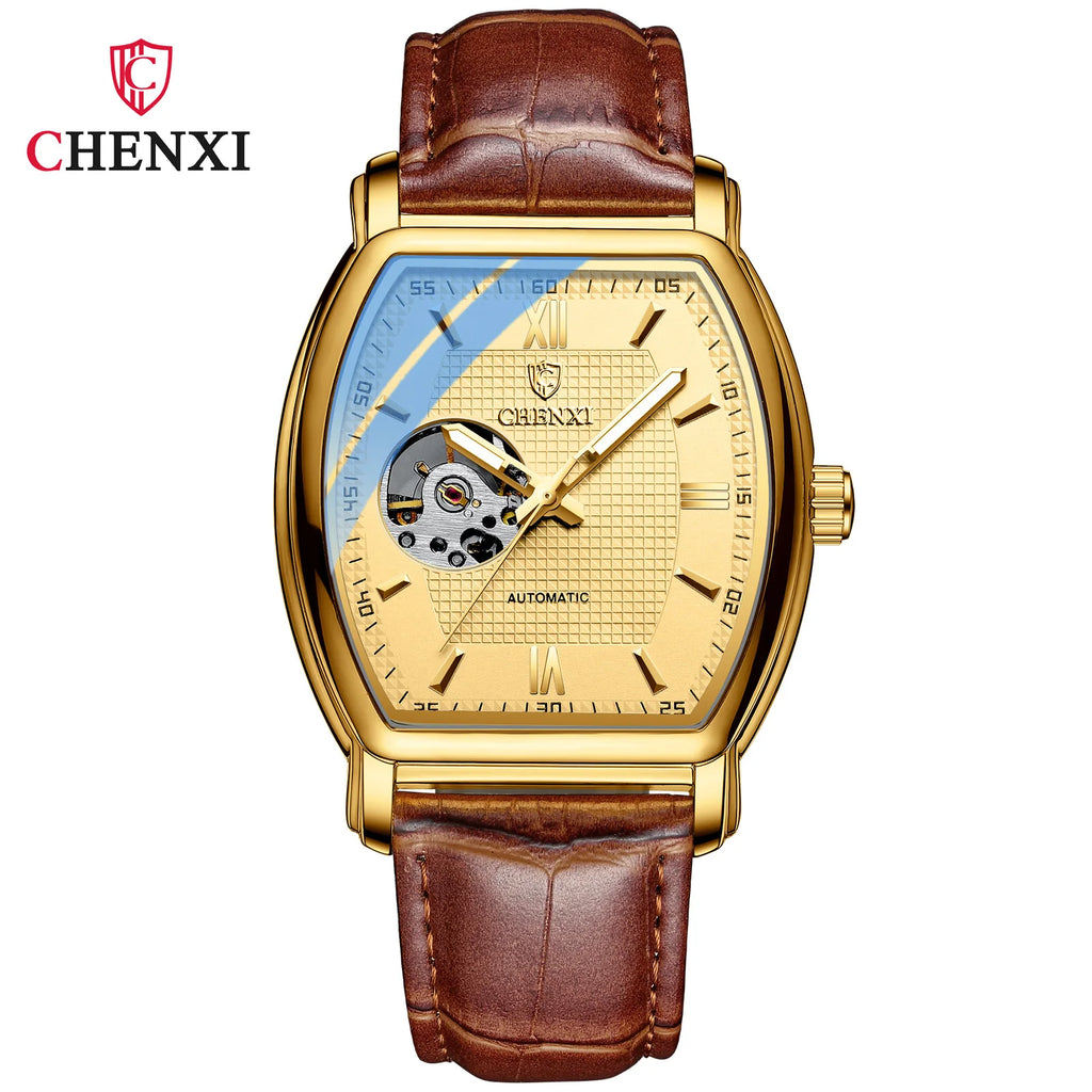 Automatic Mechanical Skeleton Man Watch Fashion Luxury CHENXI Watches For Men Business Leather Waterproof Tonneau Wristwatch