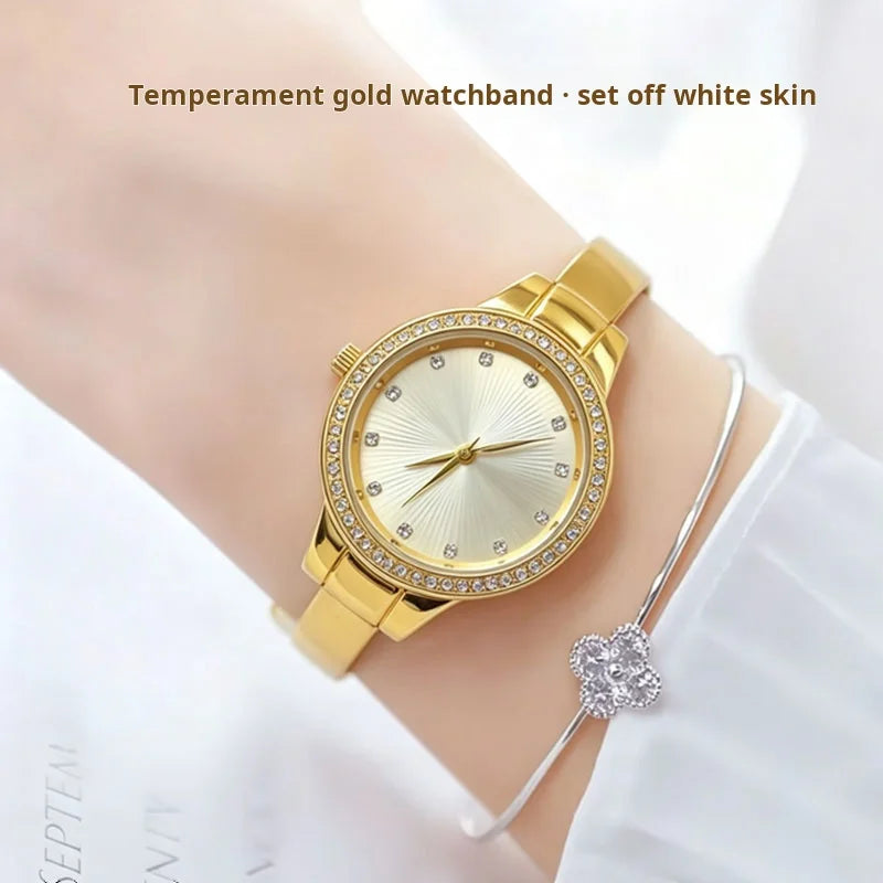 Fashionable Women's Watch Diamond-Set Round Classic Bangle Watch with Rhinestone Markers—Simple Elegant Luxe-Style Quartz Watch