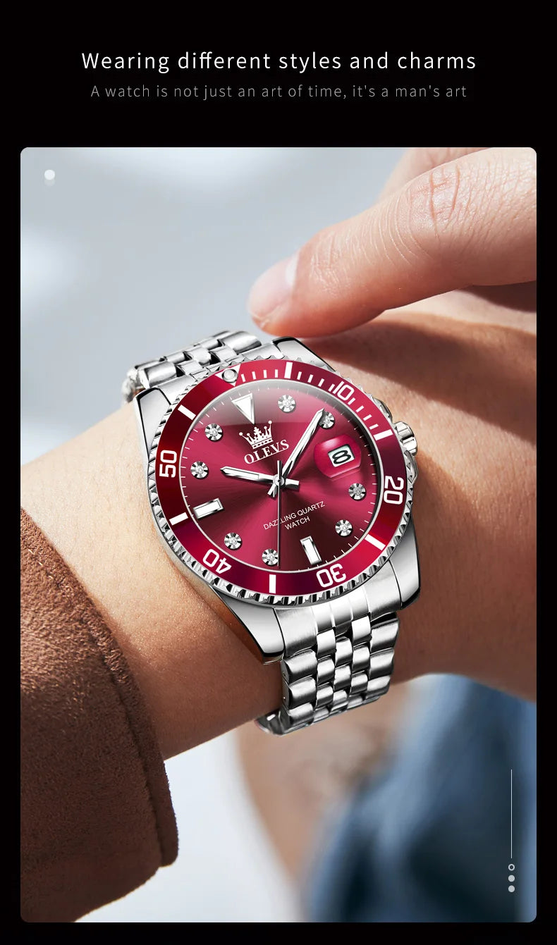 OLEVS 9809 Men Watch Original Waterproof Luminous Stainless Steel Quartz Watch For Men Top Brand Calendar Business Wristwatch