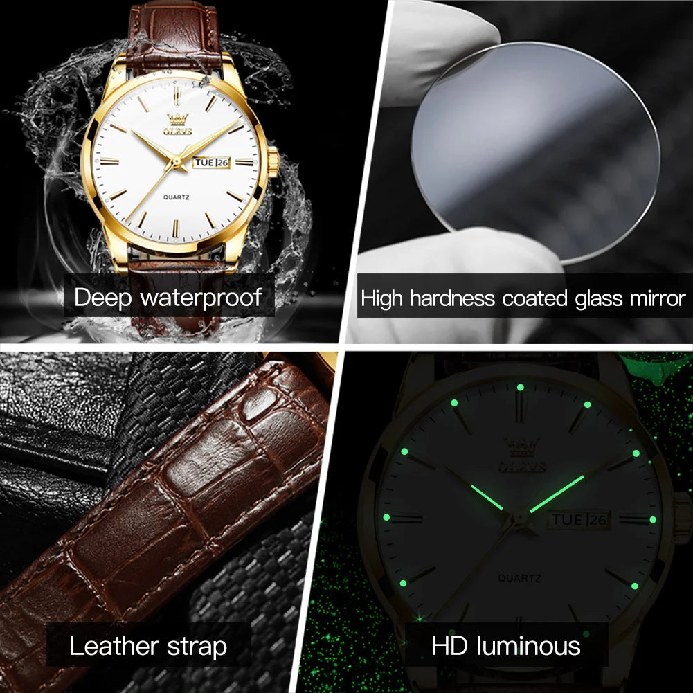 OLEVS  6898 Top Brand Quartz Watch for Men Leather Strap Waterproof Wristwatch Date Week Display Popular Casual Dress Men Watch