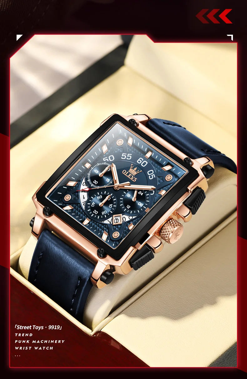 OLEVS 9919 Chronograph Multifunctional Quartz Men's Watch Leather strap 45MM Square Big Dial Leisure Sports TOP Brand Male Watch