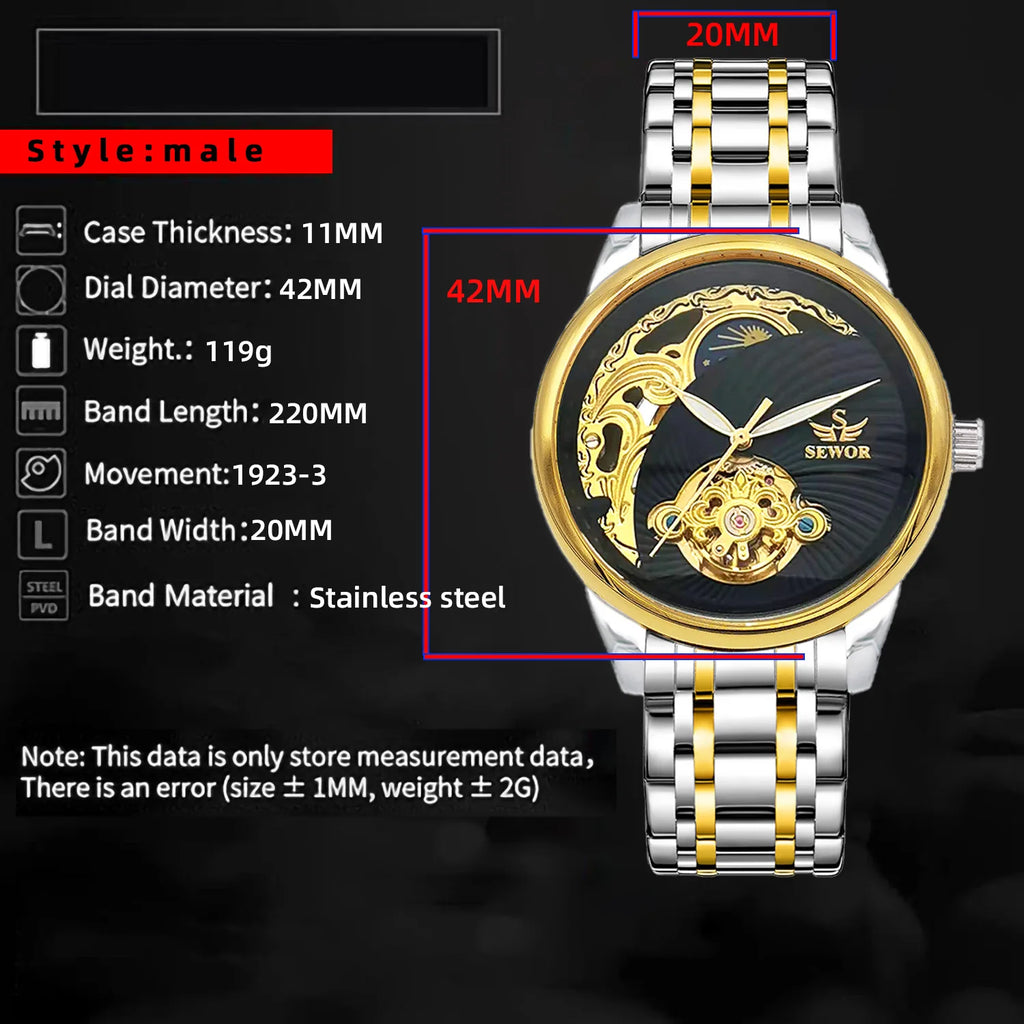 Stainless Steel New Vintage Skeleton Moonphase Luminous Waterproof Tourbillon Self-Wind Automatic Watch for Men