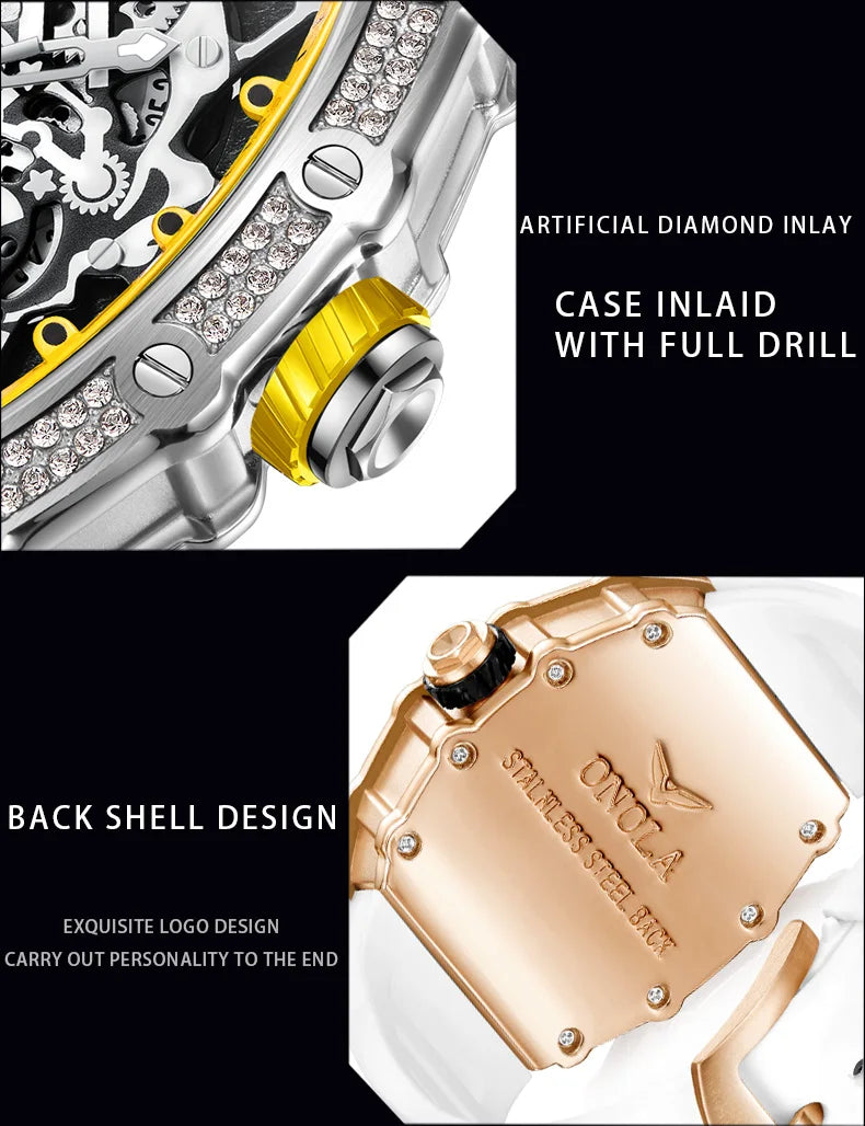 ONOLA Fashion Watch For Men Automatic Date Sports Silicone Strap Tonneau Clock Iced Diamond Quartz WristWatch Reloj Dropshipping
