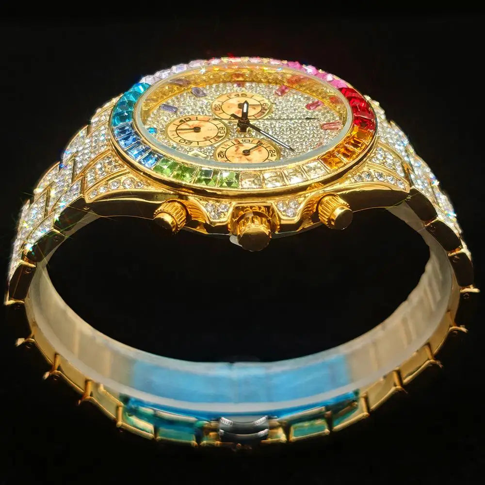 Hot Sell Fashion Gold Watch For Men Brand UNIGUET Hip Hop Rainbow Diamond shiny Jewelry Quartz Wristwatch Male Dropshipping