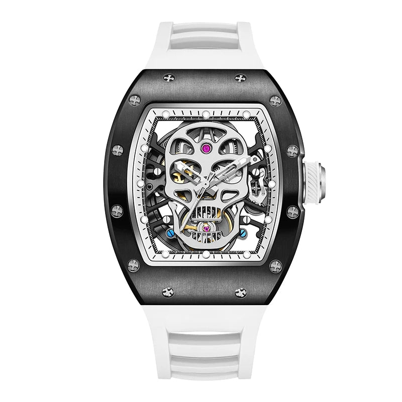 Unique Men Watch Tonneau Casual Wristwatch Soft Silicon Band Fashion Men's Wrist Watches Hollow Out Analog Automatic Watches