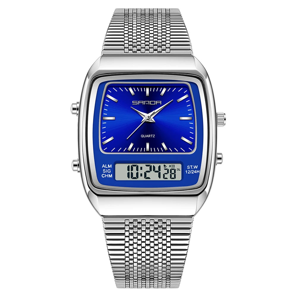 SANDA Outdoor Dual Display Men's Watch Luminous Waterproof TPU Strap Large Dial Chronograph Calendar Sports Wristwatch