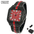 UNIGUET Cool Black Diamond Watch For Men Fashion Hip Hop Green Iced Out Square Quartz Wristwatch With Date Reloj Hombre