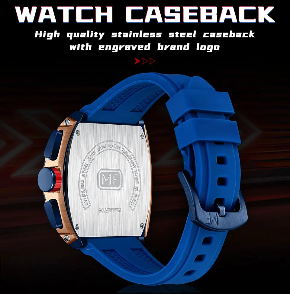 MINI FOCUS Chronograph Quartz Watches for Men Military Sport Silicone Strap Waterproof Wristwatch with Tonneau Dial Auto Date