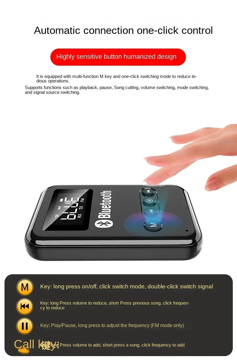 Wireless Audio LED Bluetooth 5.0 Adapter Transmitter Receiver  For Car Music Headphone Speaker, 300mA Battery, Support TF Card