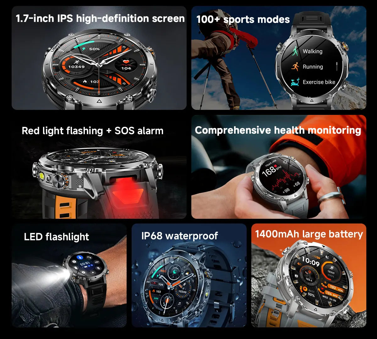 Brand+ Military 1400mAh Battery Smart Watch Men Outdoor Flashlight 10ATM Waterproof Heart Rate Bluetooth Call Sports Bracelets