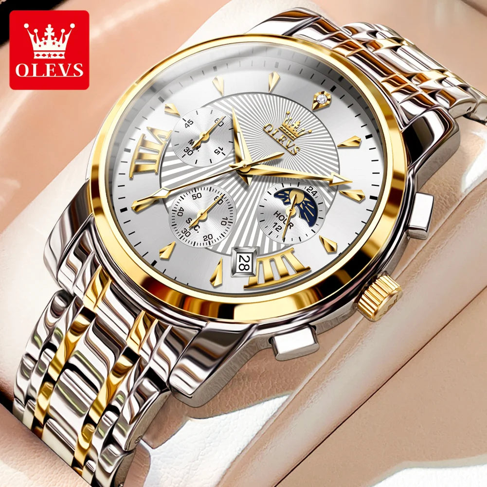 OLEVS 2892 Men Watch Original Quartz Watch Luxury Waterproof Luminous Calendar Moon Phase Chronograph Business Sports Men Watch