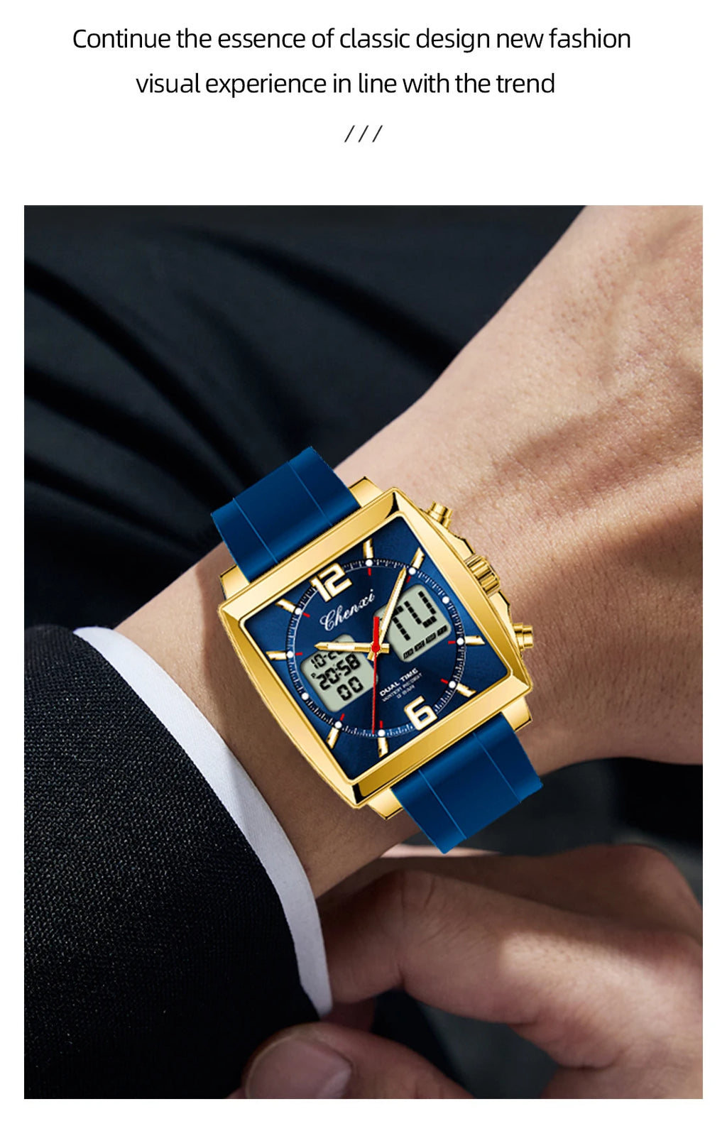 Fashion Casual Men Sports Watch Square Dial Dual Time CHENXI Watches Silicone Strap Waterproof Multifunction Wristwatch Male
