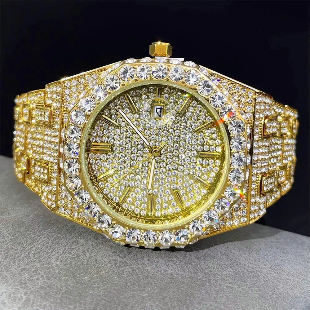 UNIGUET Cool Black Watch For Men Luxury Stainless Steel Quartz Watches Fashion Hip Hop Iced Diamond Wristwatch Man Dropshipping