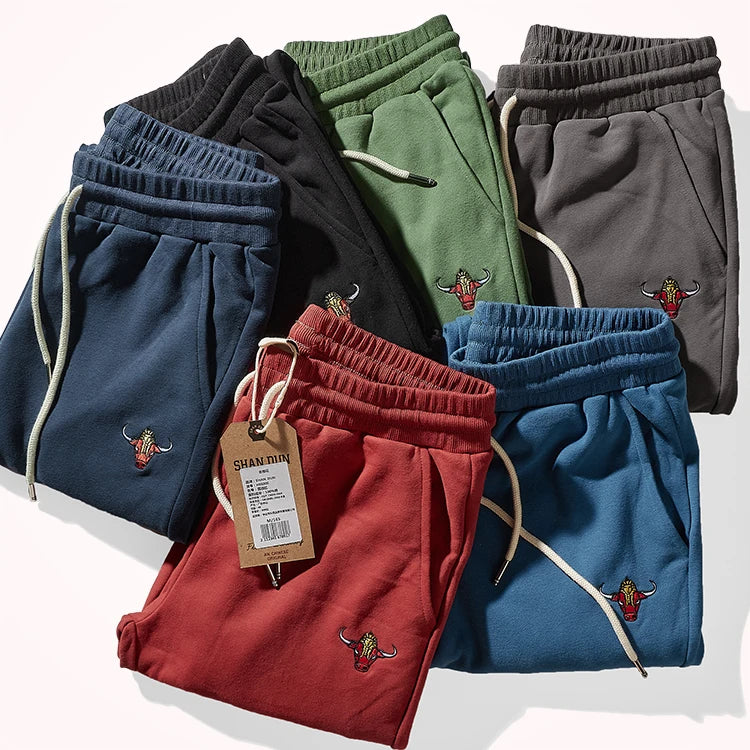 Autumn Winter American Retro Knitted Velvet Embroidery Sweatpants Men's Fashion Pure Cotton Loose Drawstring Sport Casual Pants